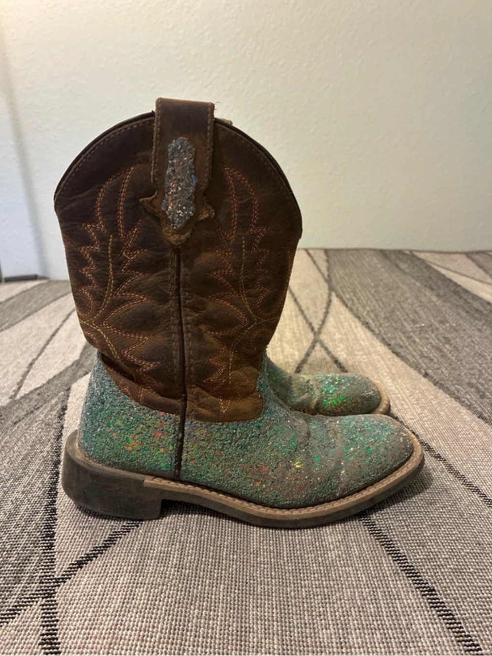 Roper Kids Brown Leather Western Boots with Teal/Green Glitter